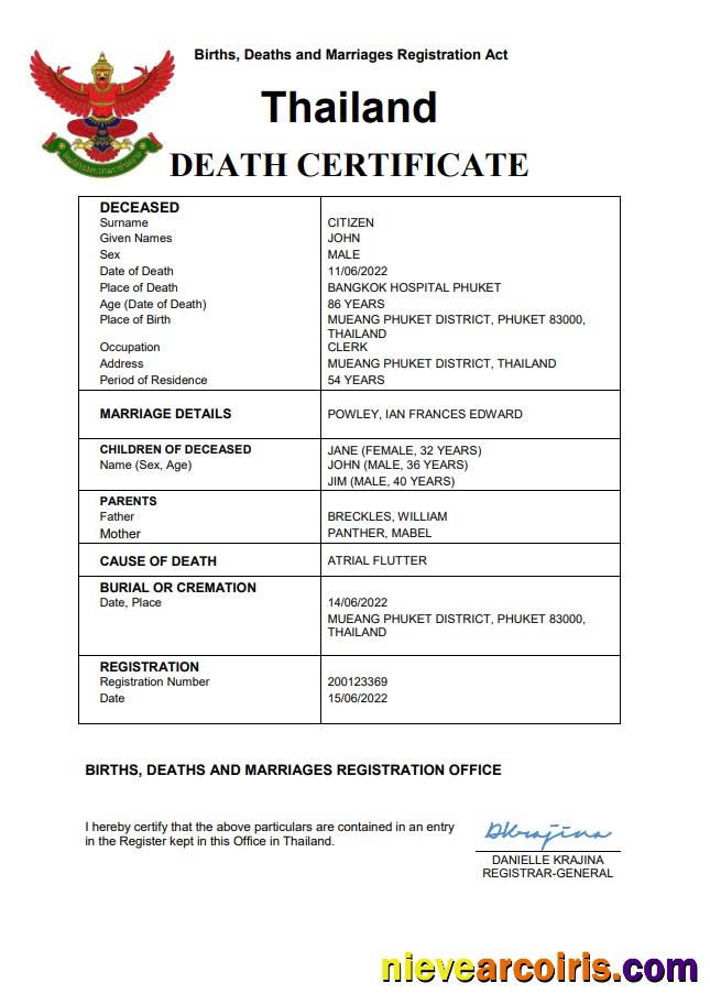 Thailand death certificate